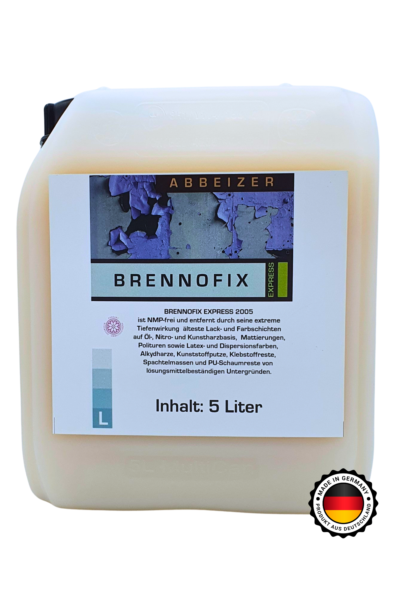 Transparenter 5L Kanister von BRENNOFIX mit Abbeizer in gelblicher Farbe