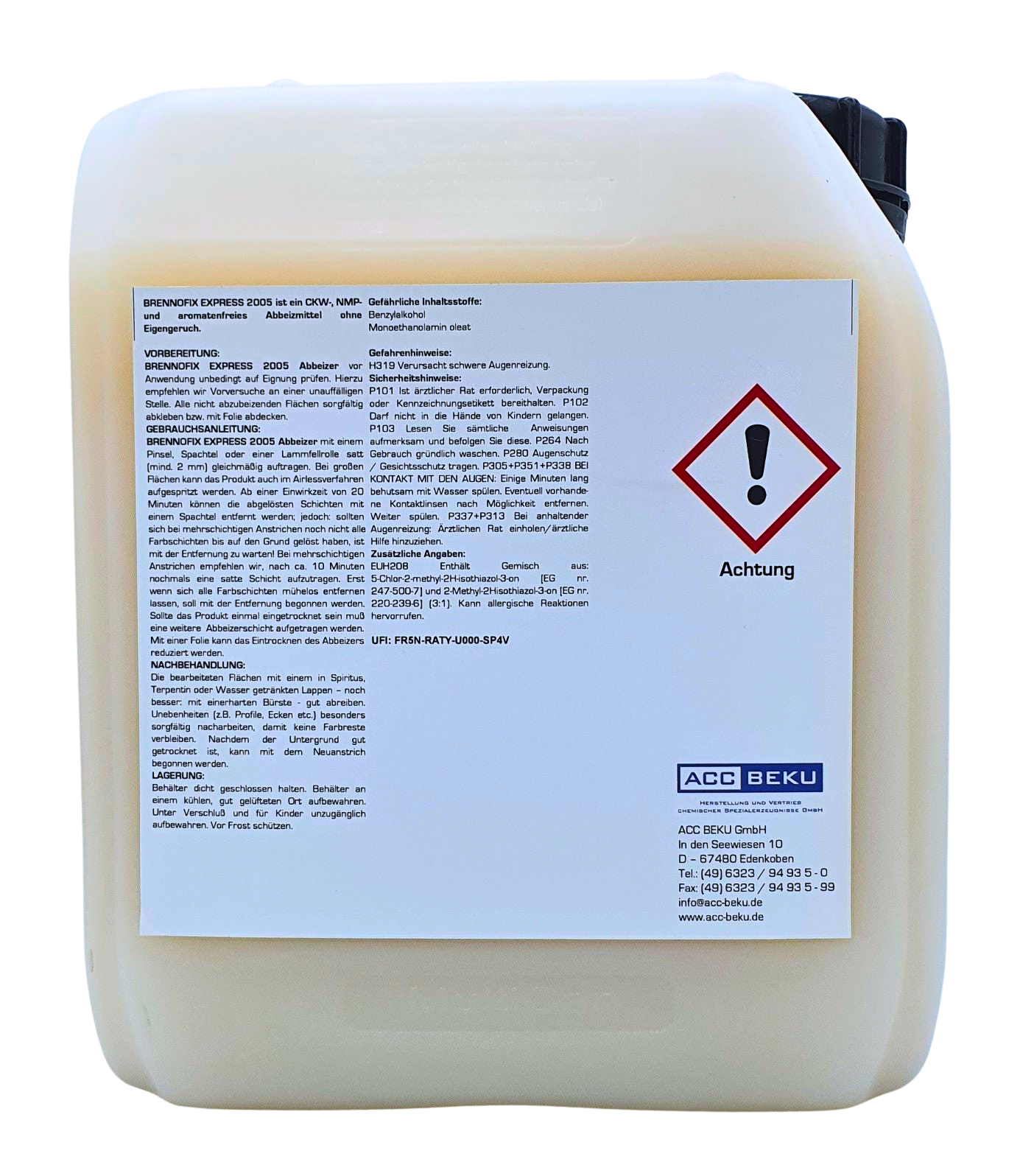 Brennofix 5 Liter Kanister Rückseite mit Abbeizer, leicht gelblich gefärbt