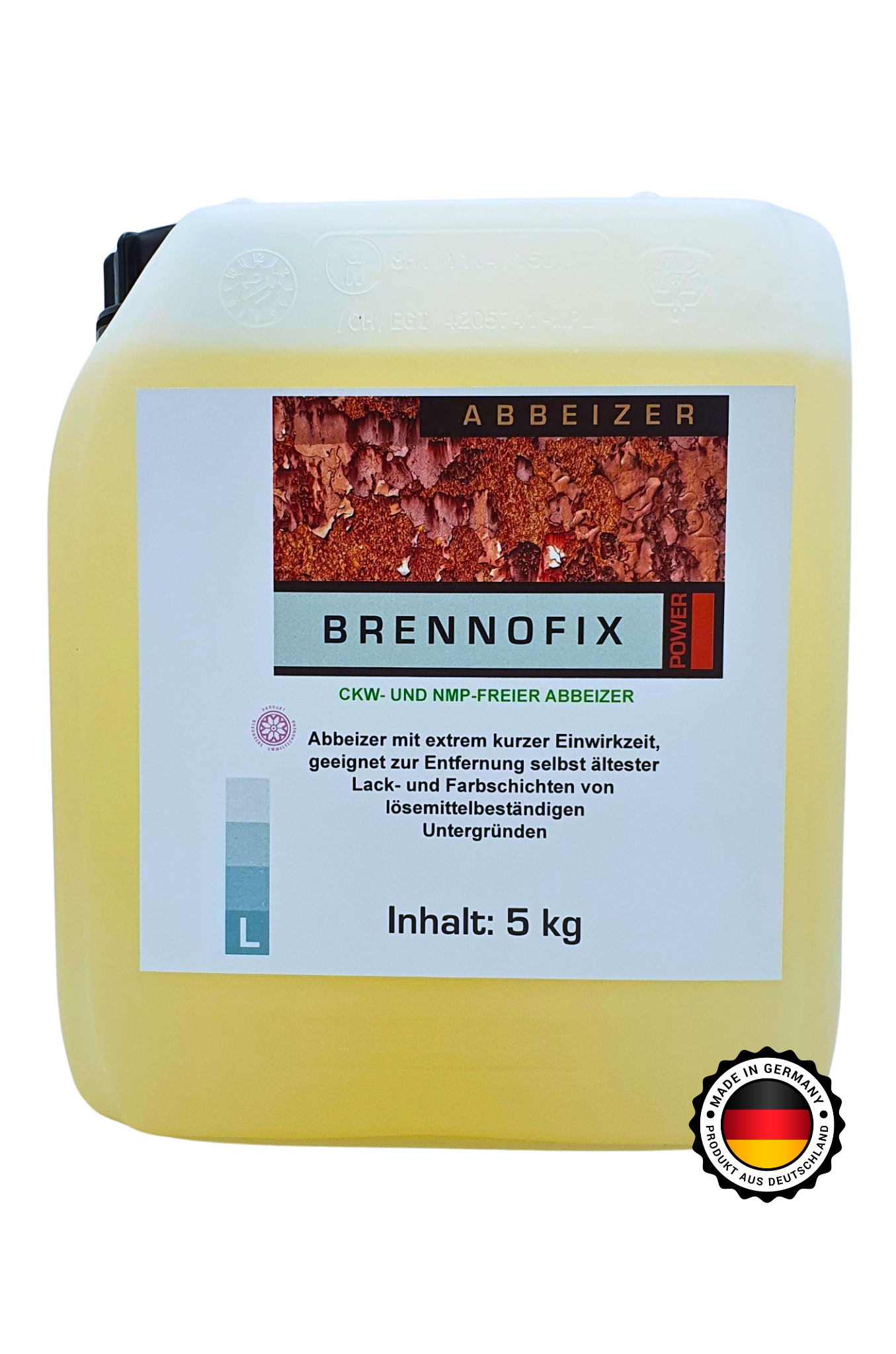 Transparenter 5L Kanister von BRENNOFIX  mit Abbeizer in gelblicher Farbe