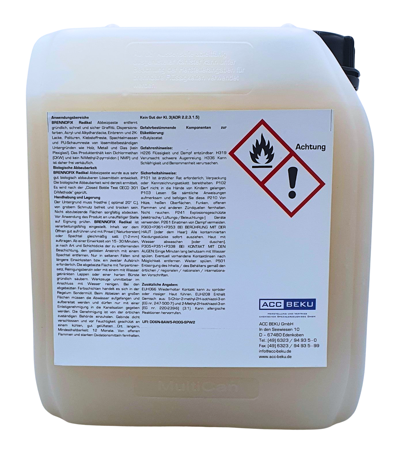Rückseite mit Etikett von Brennofix Radikal 5 Liter Kanister mit Abbeizer, leicht gelblich gefärbt