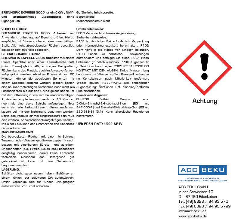 Brennofix Express 5 Liter Etikettentext Gebrauchsanweisung Abbeizer mit kurzer Einwirkzeit