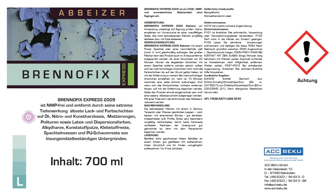 Brennofix Express 750ml Etikettentext Gebrauchsanweisung Abbeizer mit kurzer Einwirkzeit NMP-frei