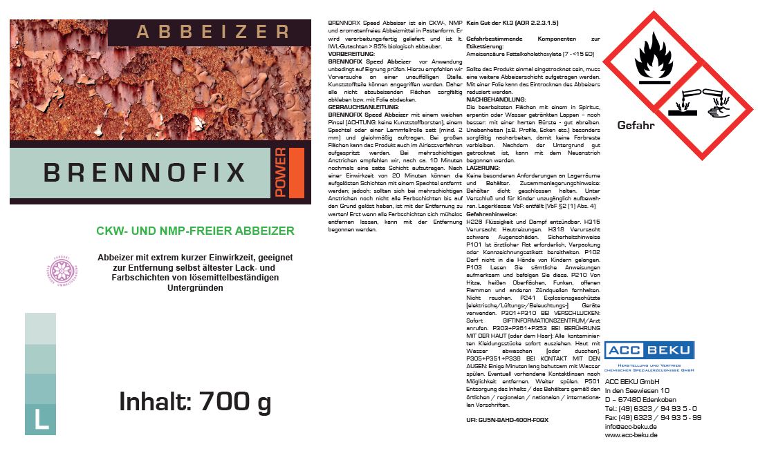 Brennofix Power Abbeizer CKW-frei und NMP-frei Etikettentext Gebrauchsanweisung Abbeizer mit kurzer Einwirkzeit