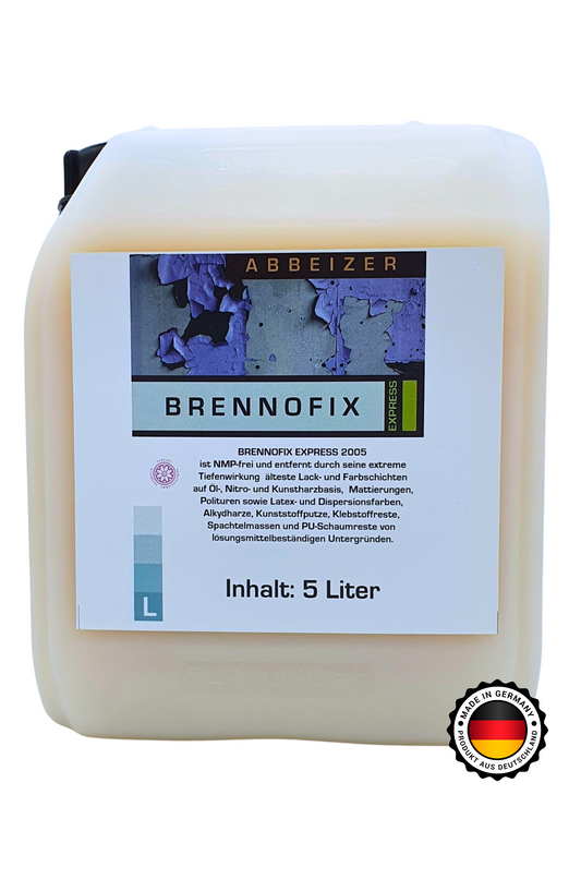 Transparenter 5L Kanister von BRENNOFIX mit Abbeizer in gelblicher Farbe