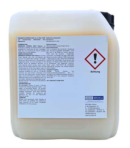 Brennofix 5 Liter Kanister Rückseite mit Abbeizer, leicht gelblich gefärbt