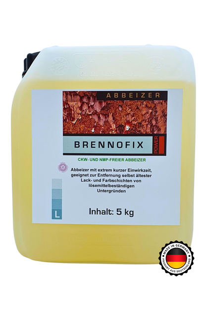 Transparenter 5L Kanister von BRENNOFIX  mit Abbeizer in gelblicher Farbe