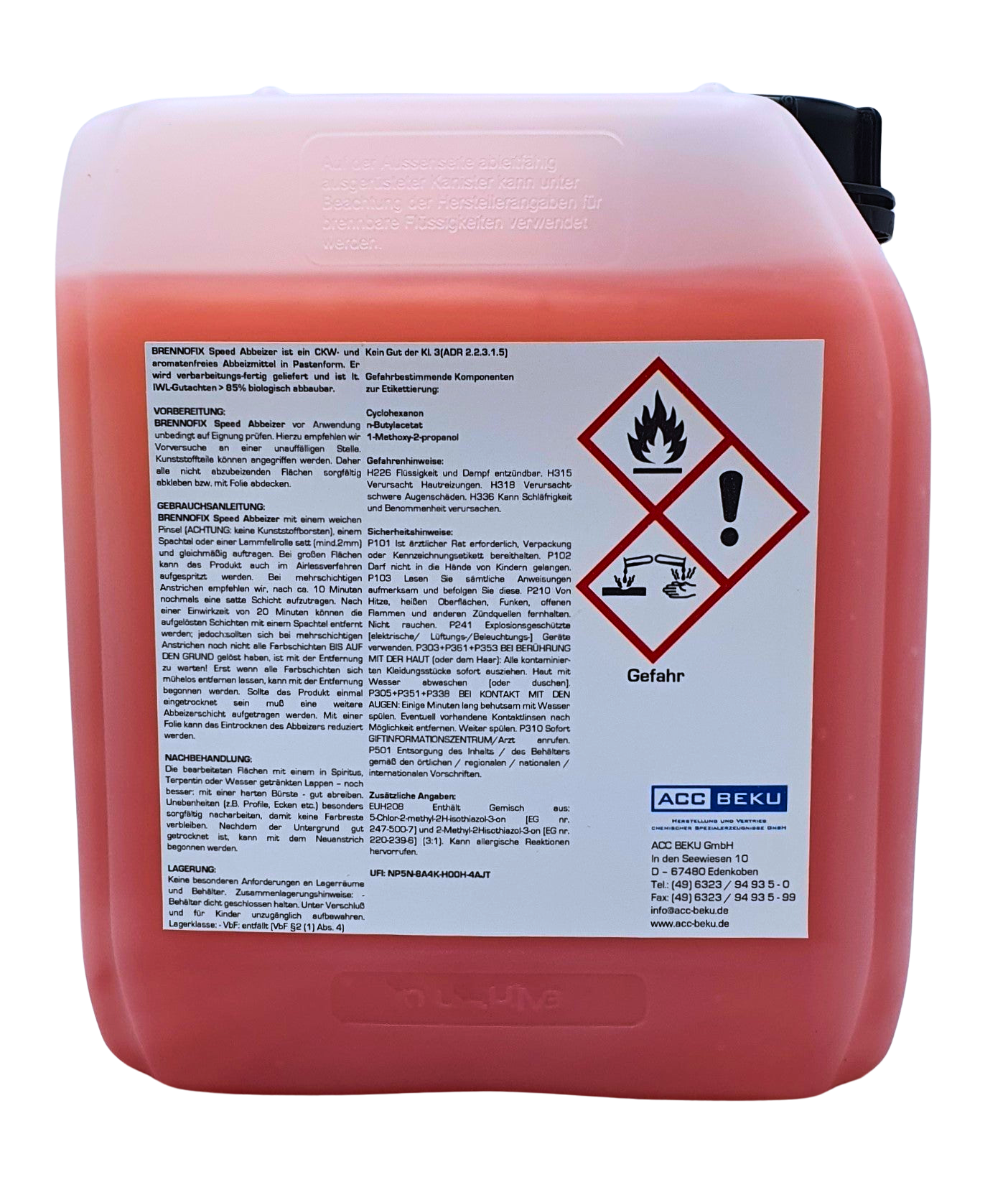 Rückseite mit Etikett von Brennofix Speed 5 Liter Kanister mit Abbeizer, leicht rötlich gefärbt