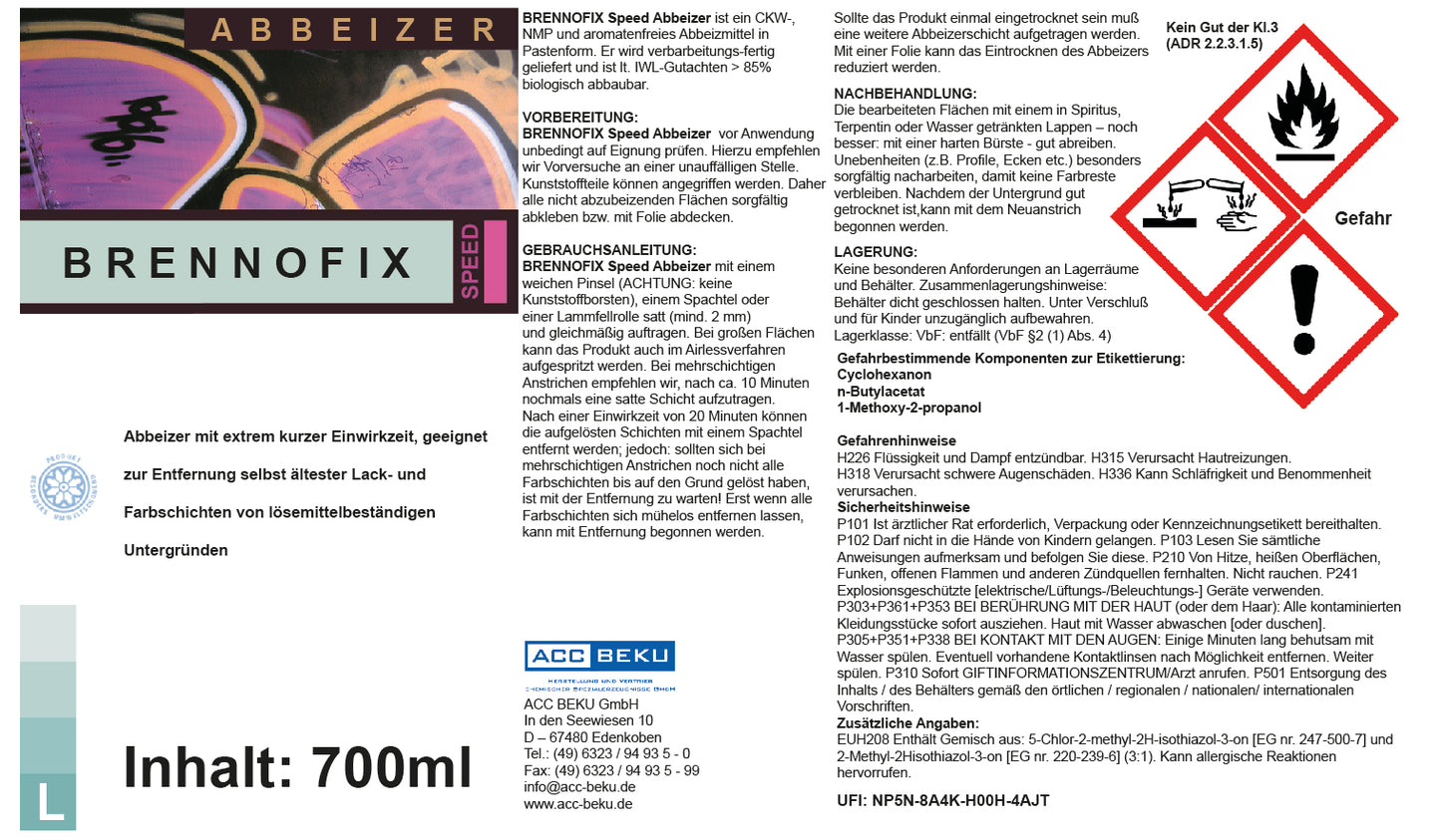Brennofix Speed 700 ml Etikettentext Gebrauchsanweisung Abbeizer mit kurzer Einwirkzeit